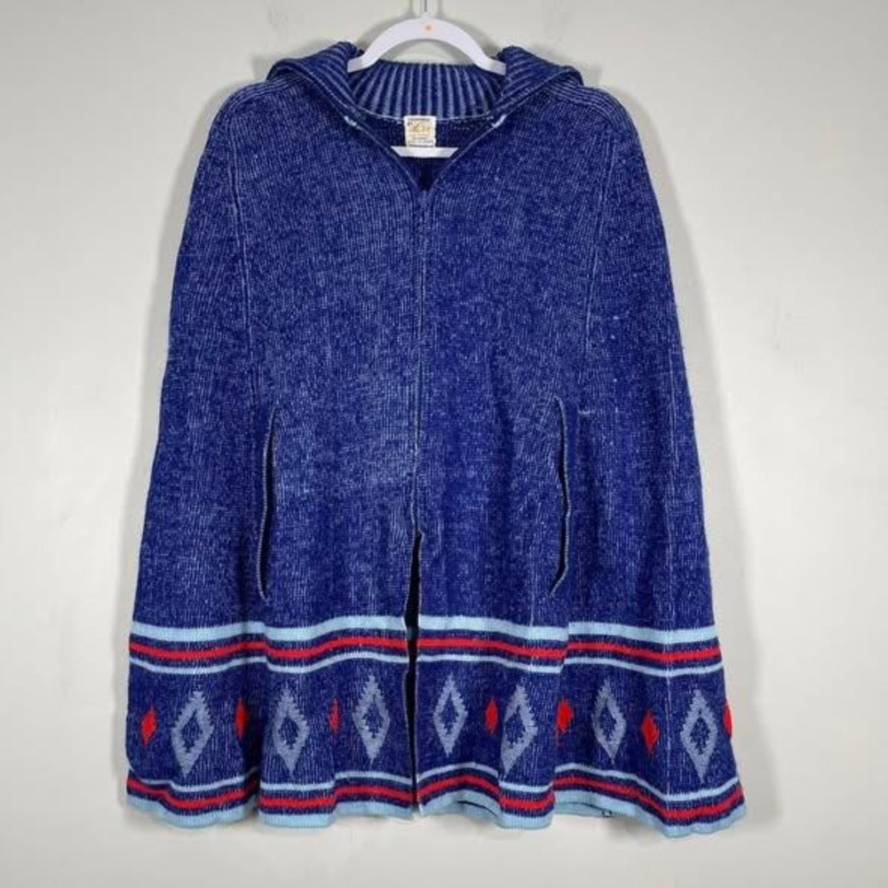 VTG Lee Poncho‎ Sweater Cape O/S Blue Red Zip Up Geometric Americana Retro